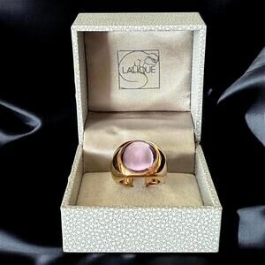 Lalique Violet Crystal Cabochon Ring Gold Plated Size 6 Signed - 10120